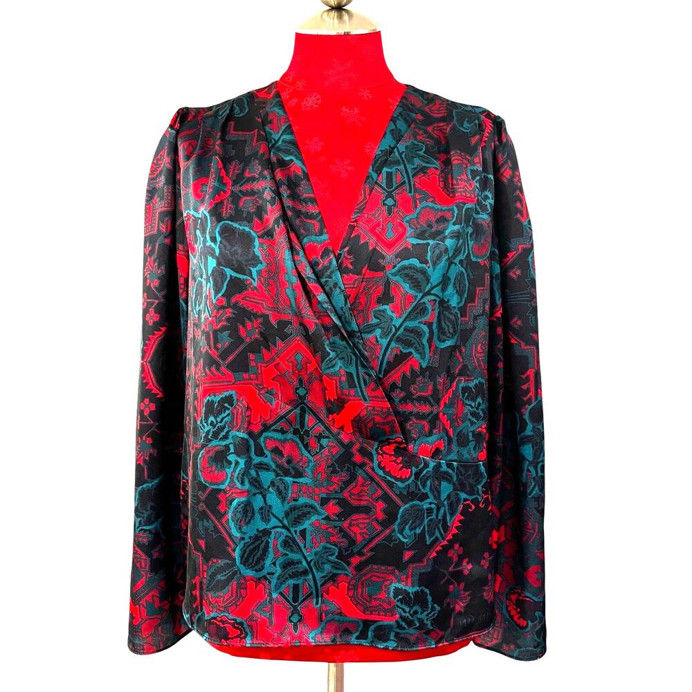 Ella Rafaella blouse Large (Petite) dressy top black red green abstract print